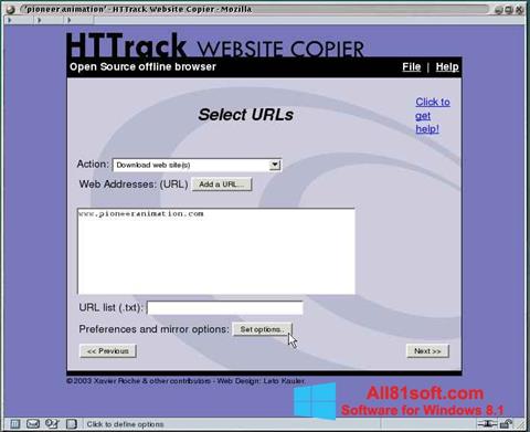 لقطة شاشة HTTrack Website Copier لنظام التشغيل Windows 8.1