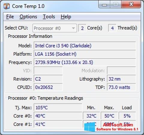 لقطة شاشة Core Temp لنظام التشغيل Windows 8.1