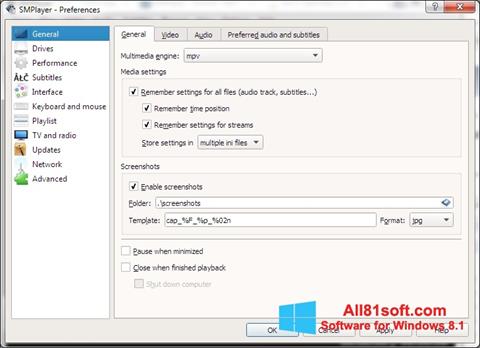 لقطة شاشة SMPlayer لنظام التشغيل Windows 8.1